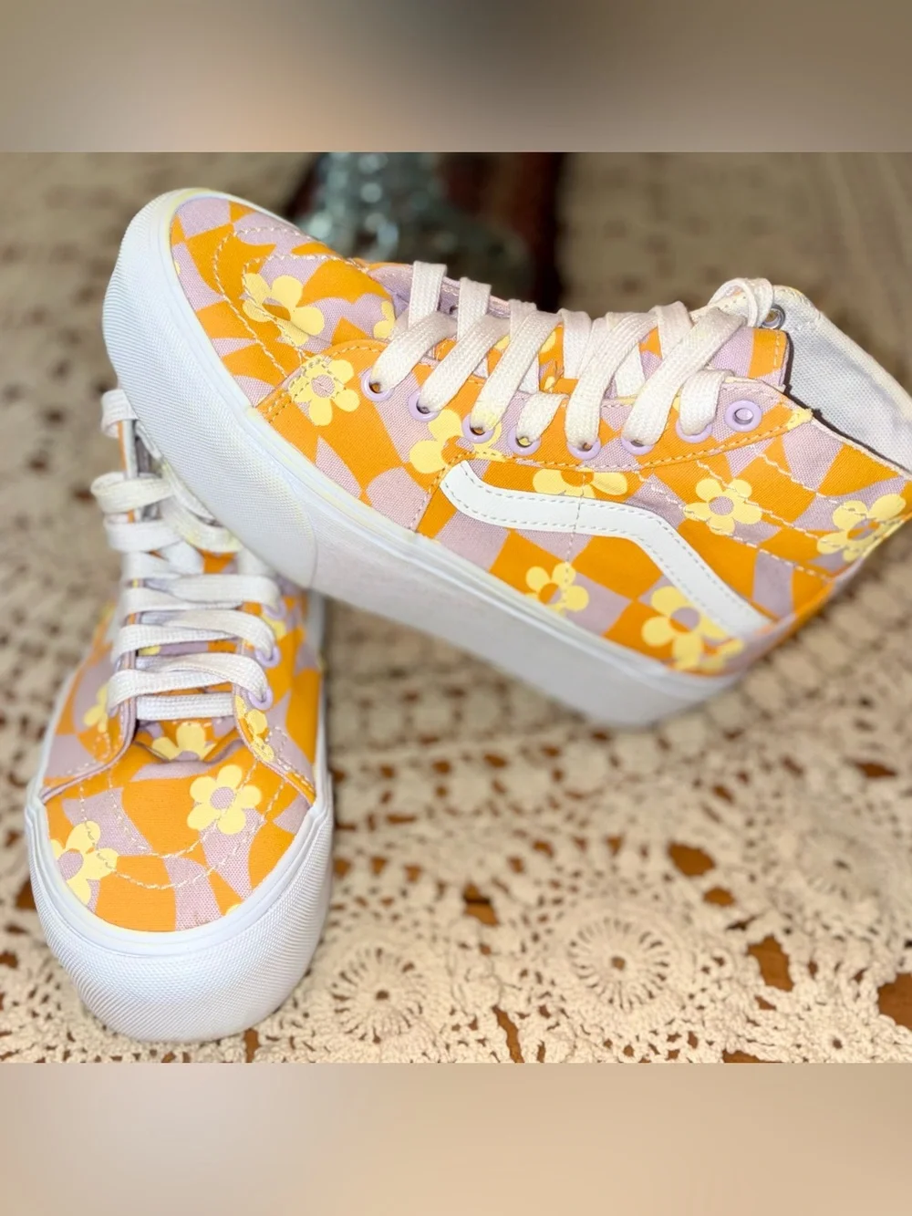 Vans Sk8-Hi Platform Floral Checkerboard Orange Purple Skate Shoes